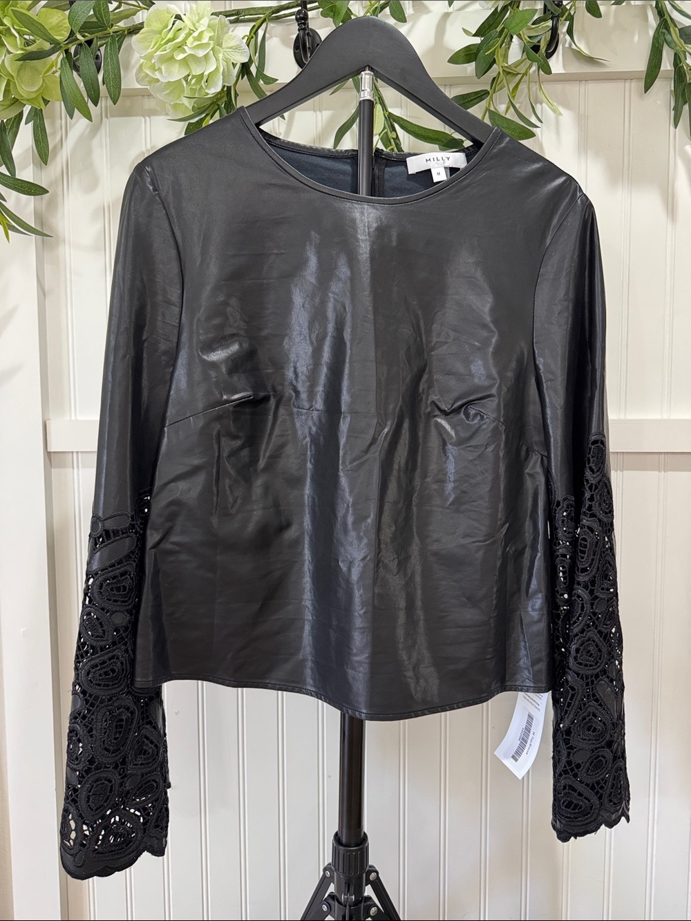 #337 MILLY Black Faux Leather Top with Crochet Bell Sleeves M